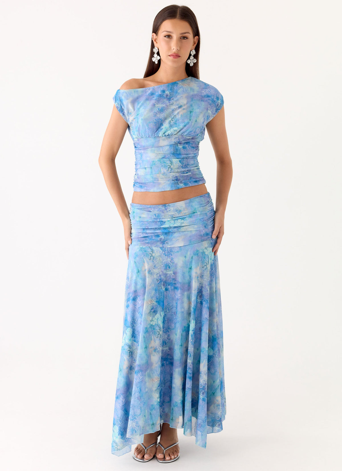 Liana Ruched Maxi Skirt - Aqua Paisley