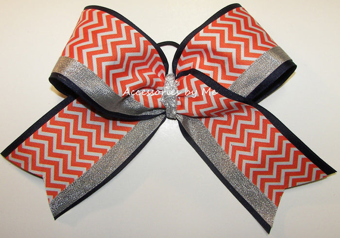 Chevron Orange Navy Big Cheer Bow