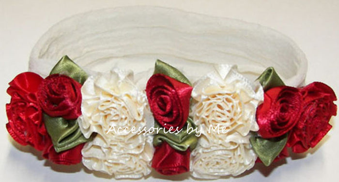 Red Ivory Roses Floral Nylon Headband