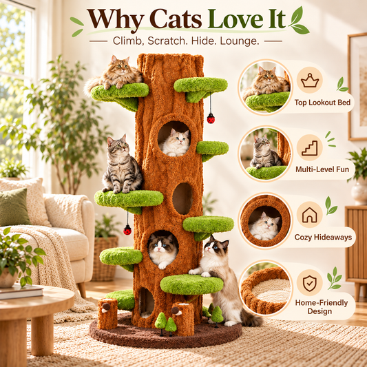 90.5" Tall Tree-Inspired Cat Tower – Multi-Level Cat Tree with Cozy Hideaways, Scratching Posts & Plush Perches