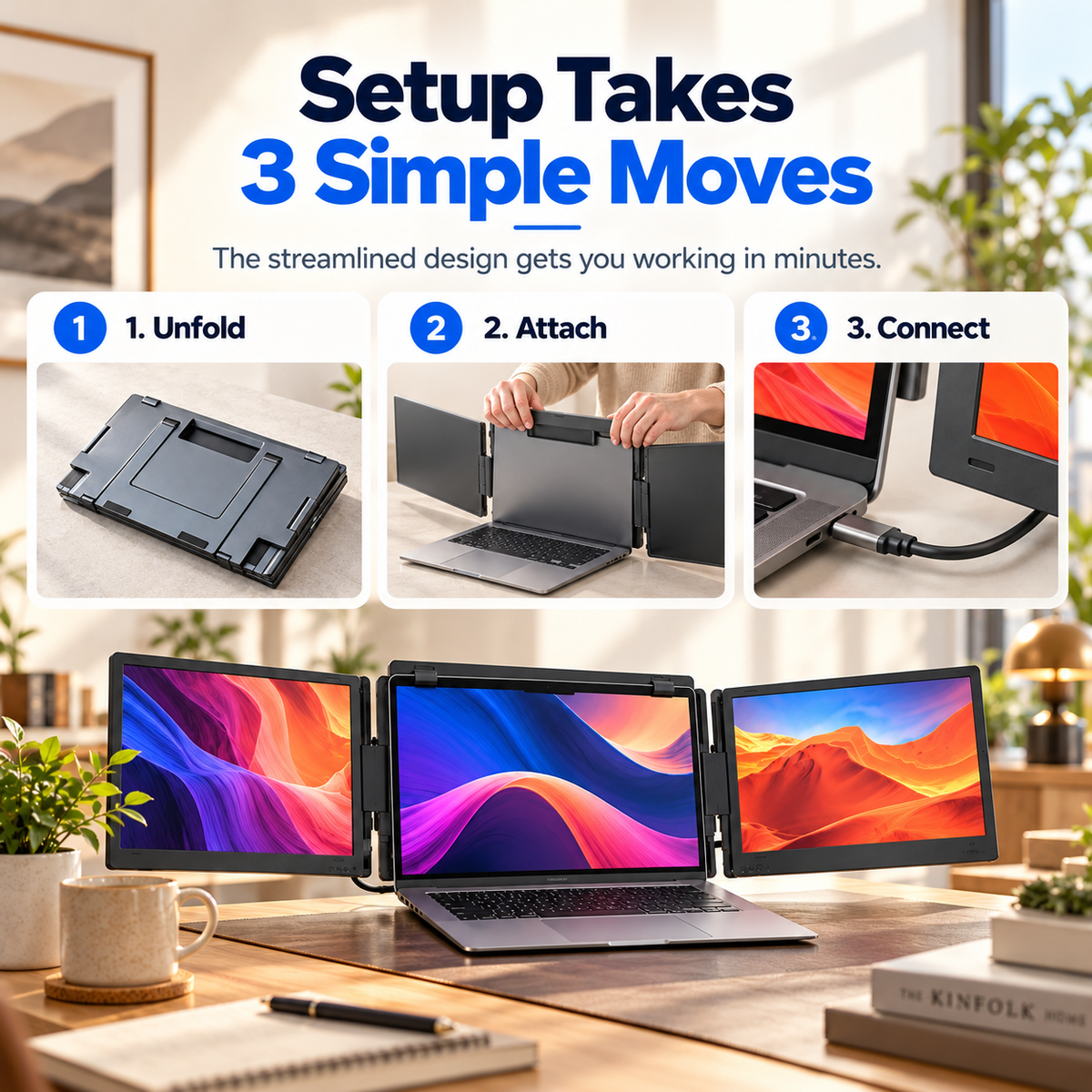 🎉 Anniversary Sale – Triple Screen Laptop Extender, Portable 3-Screen Monitor Setup for Multitasking, Remote Work & Travel
