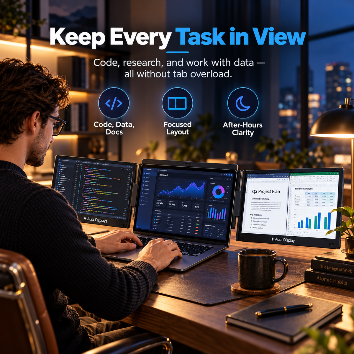 🎉 Anniversary Sale – Triple Screen Laptop Extender, Portable 3-Screen Monitor Setup for Multitasking, Remote Work & Travel
