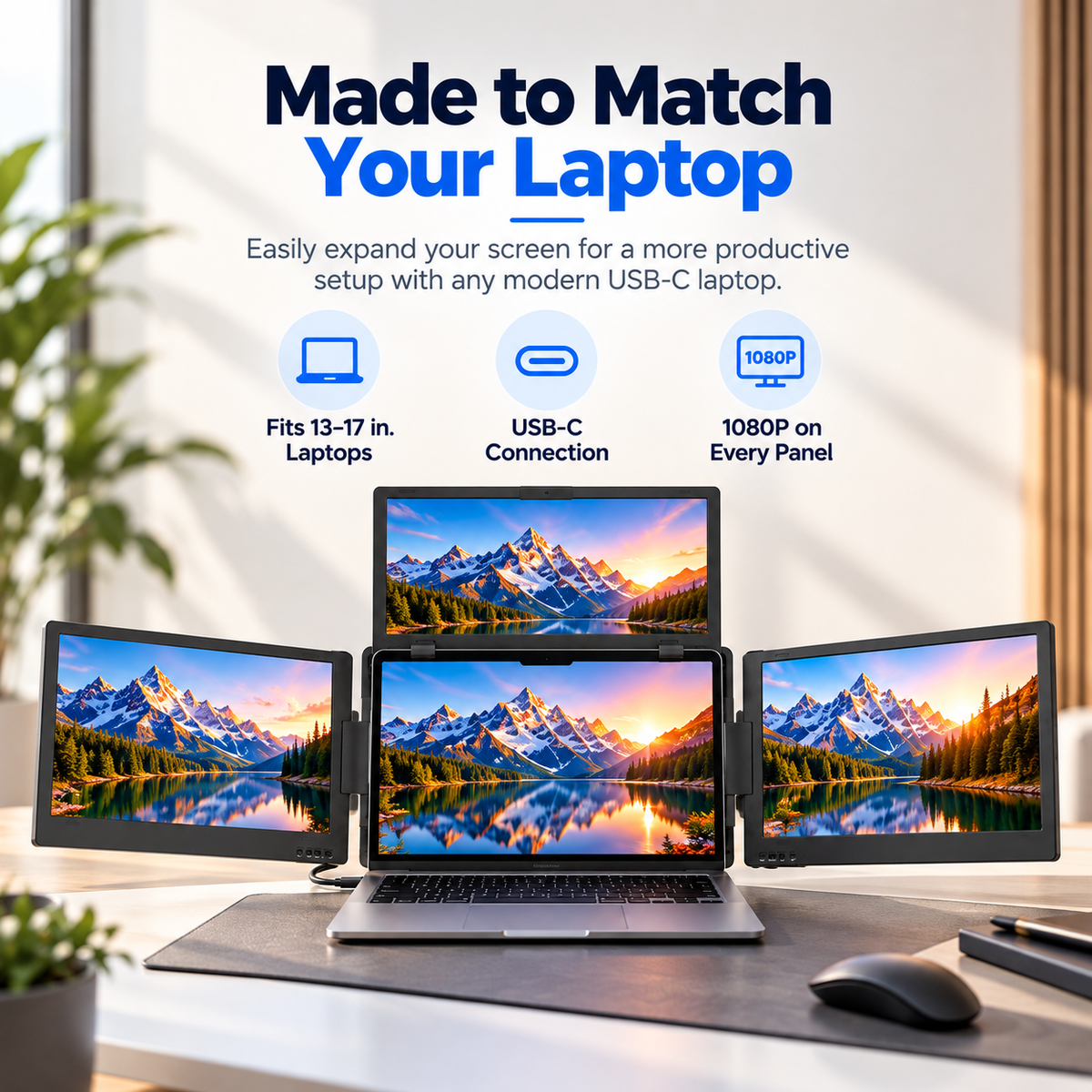 🎉 Anniversary Sale – Triple Screen Laptop Extender, Portable 3-Screen Monitor Setup for Multitasking, Remote Work & Travel