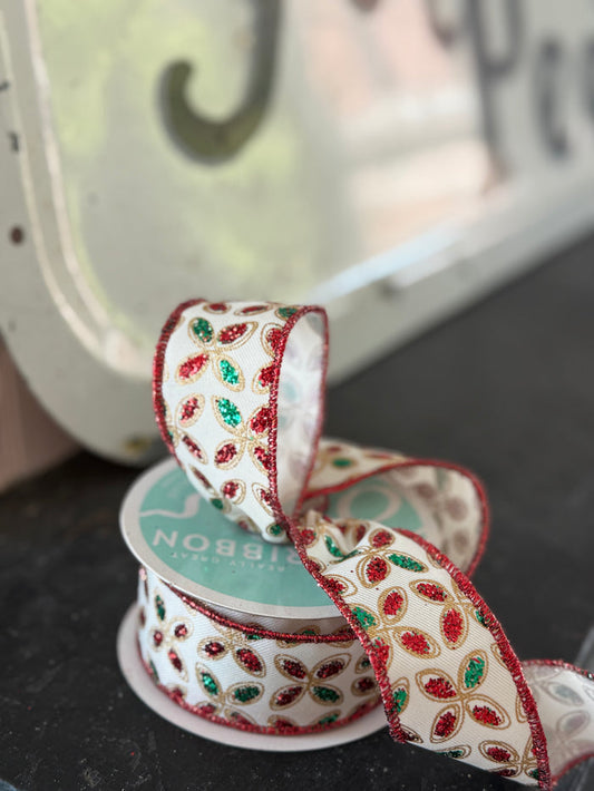 White 1.5 x 10yd Ribbon with Red and Green Quatrefoil Petals