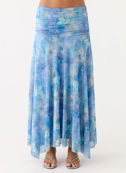 Liana Ruched Maxi Skirt - Aqua Paisley