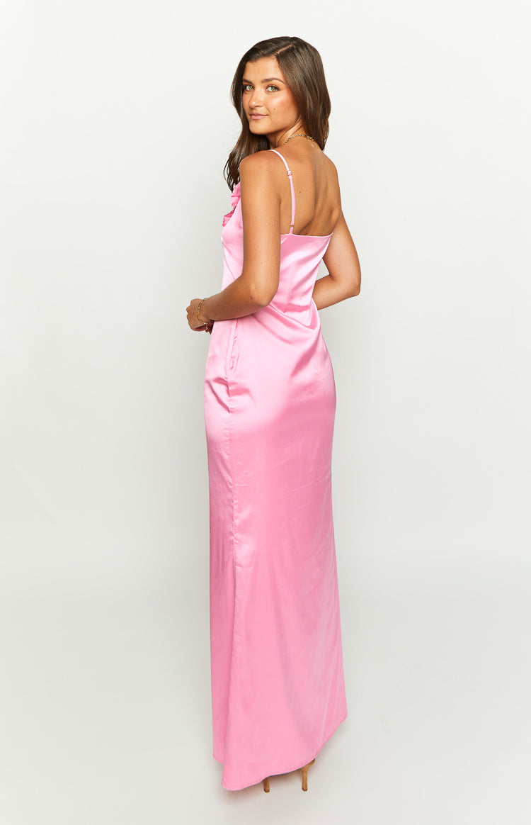 Nahanee Pink Satin Ruffle Maxi Dress