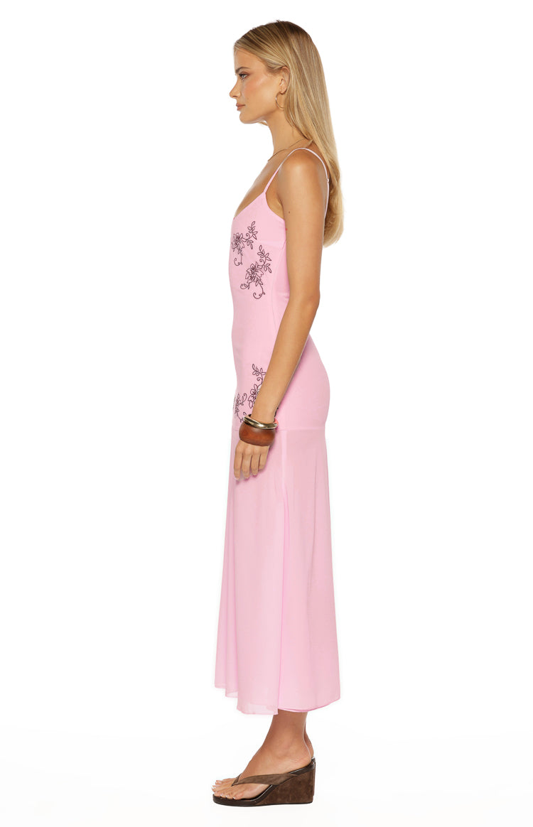 Oaklee Light Pink Embroidered Midi Dress
