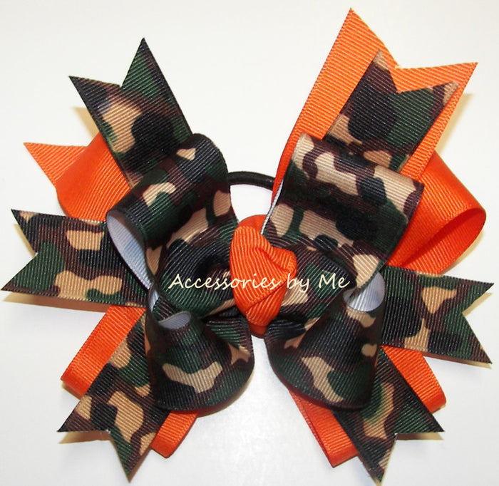 Camouflage Green Print Orange Ponytail Holder Bow