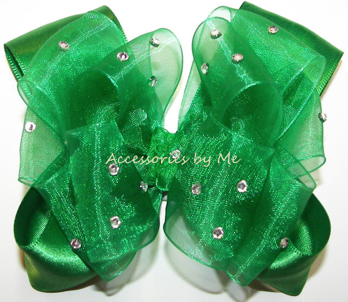 Glitzy Emerald Green Organza Satin Hair Bow - Accessories by Me