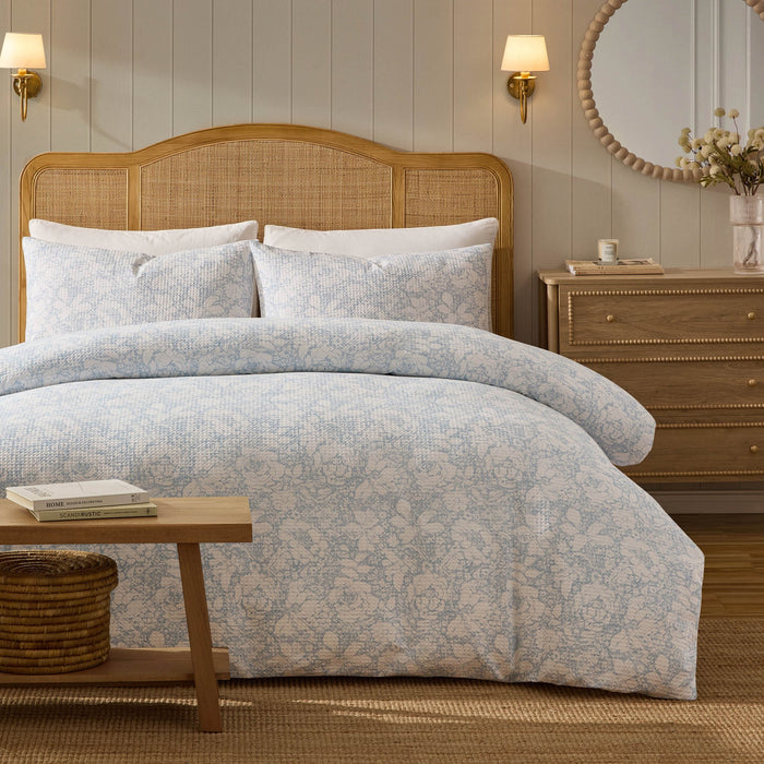 Iris Floral Printed Waffle Duvet Cover & Pillowcase Set - Blue - DUSK