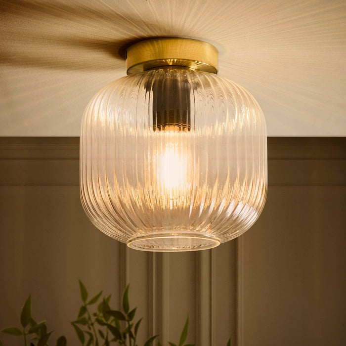 Jules Ribbed Glass Flush Ceiling Light - Clear/Gold - DUSK