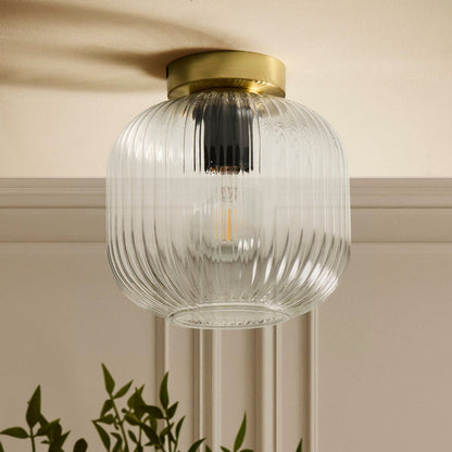 Jules Ribbed Glass Flush Ceiling Light - Clear/Gold - DUSK