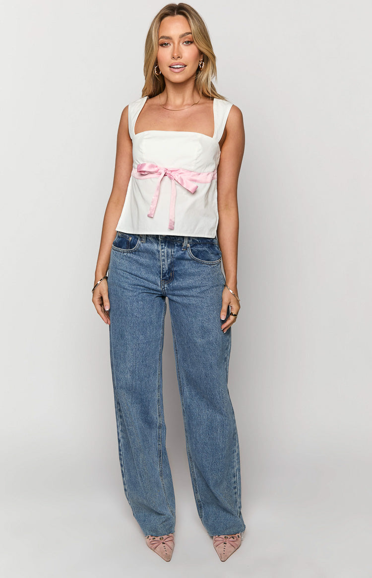 Mika White Ribbon Tie Back Top