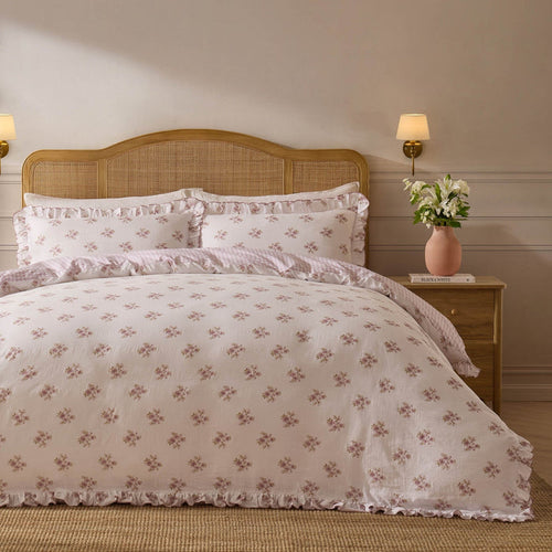 Mini Bouquet 100% Cotton Printed Muslin Duvet Cover Set - White/Pink - DUSK