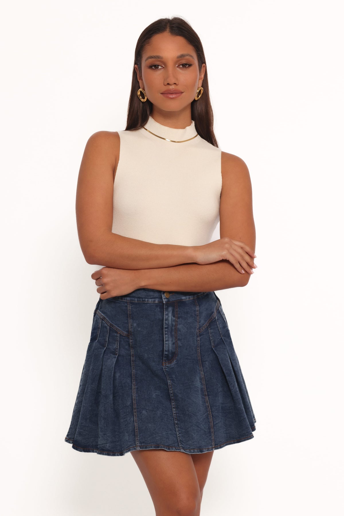 Alek Pleated Mini Skirt - Mid Wash Denim