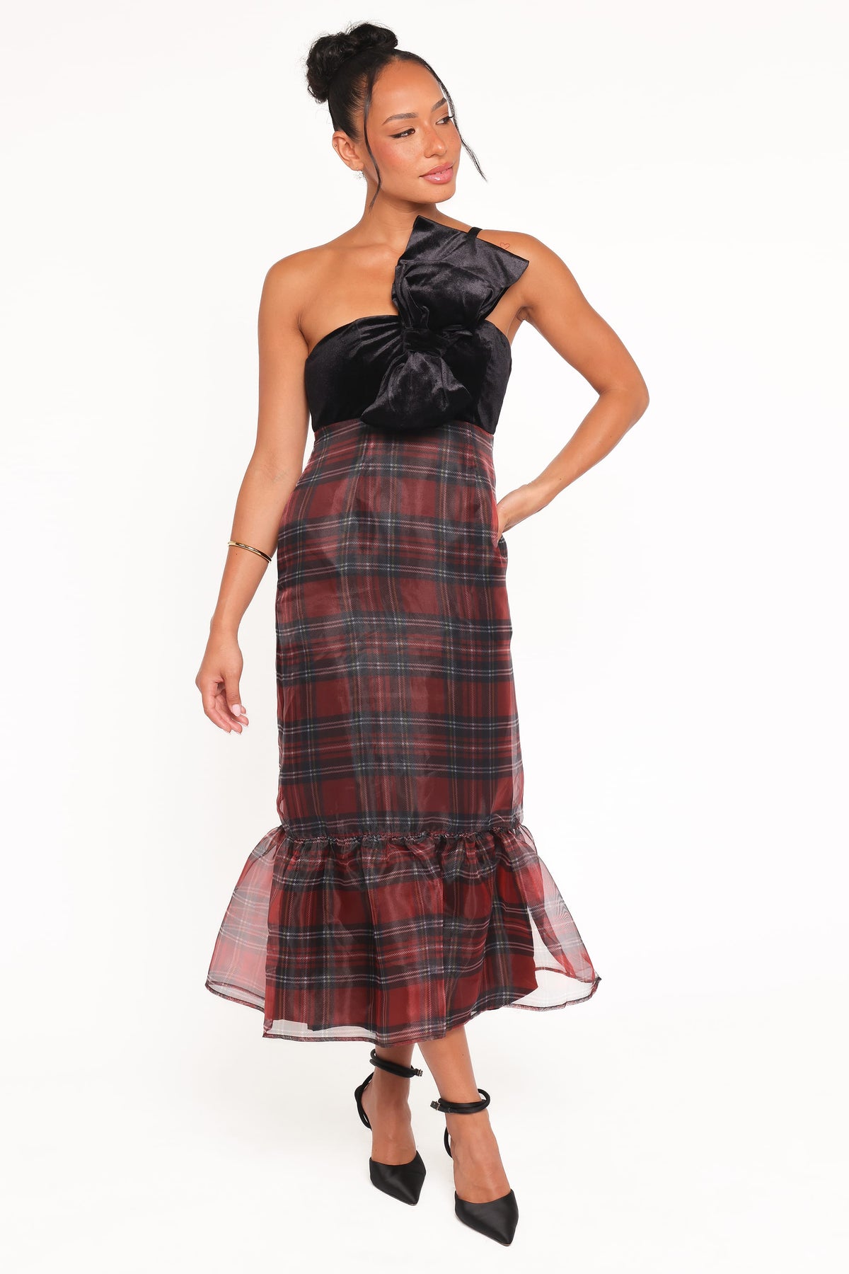 Amelie Bow Front One Shoulder Midi Dress - Red Plaid