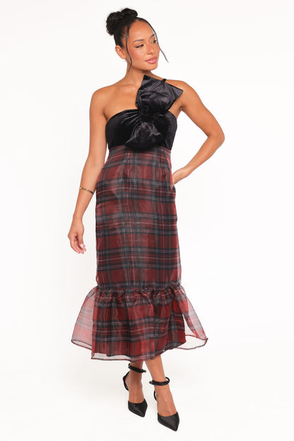 Amelie Bow Front One Shoulder Midi Dress - Red Plaid