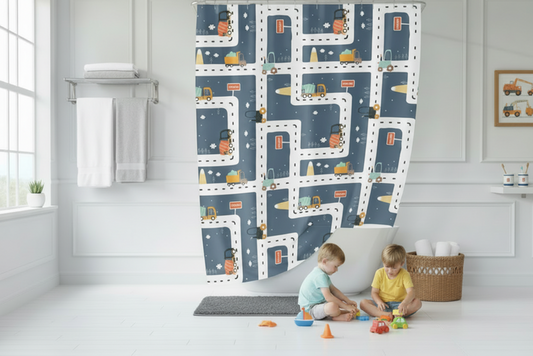 Boys Shower Curtain Transport Construction Trucks Roadway, Boys Bath Curtain, Boys Bathroom Decor, Boys Bathroom Accessories, Made in the USA | Pippa +June