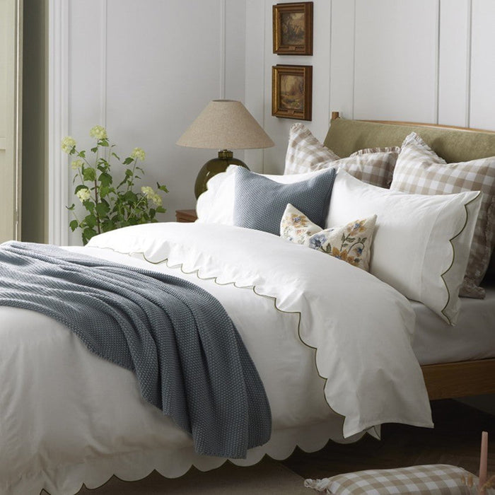 Simone Scallop Embroidered Edge Duvet Cover - Off White/Olive - DUSK