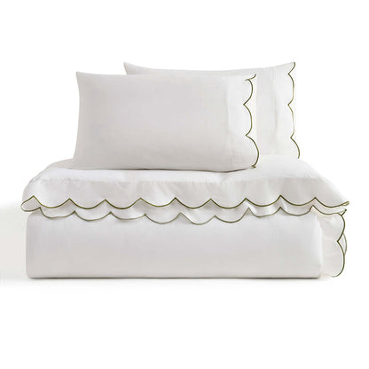 Simone Scallop Embroidered Edge Duvet Cover - Off White/Olive - DUSK