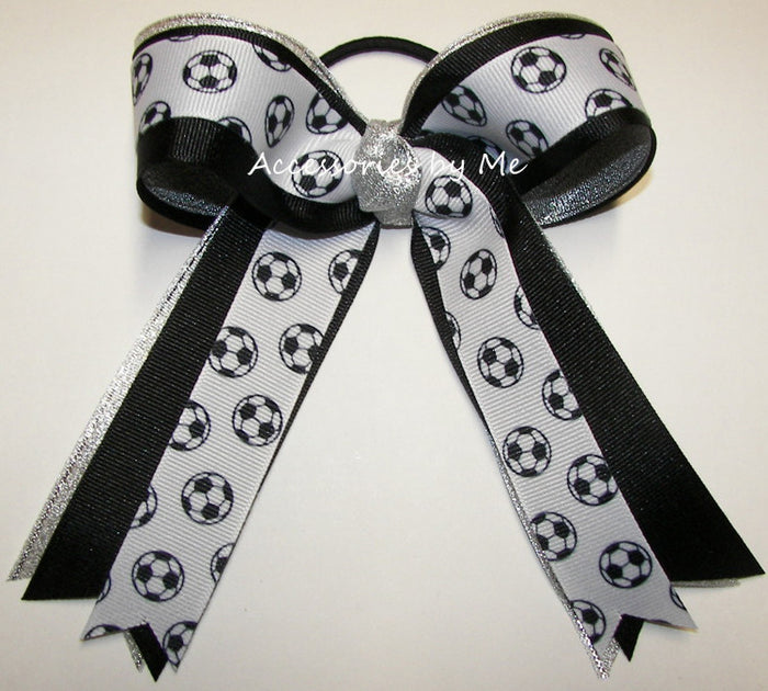 Soccer Black Silver Metallic Ponytail Holder Bow