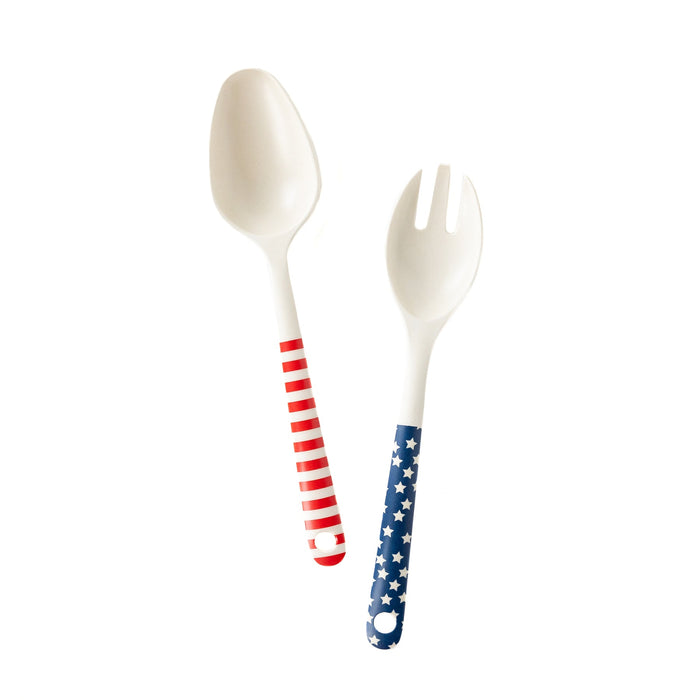 STARS AND STRIPES SALAD SPOON AND FORK REUSABLE BAMBOO SERVING-WARE