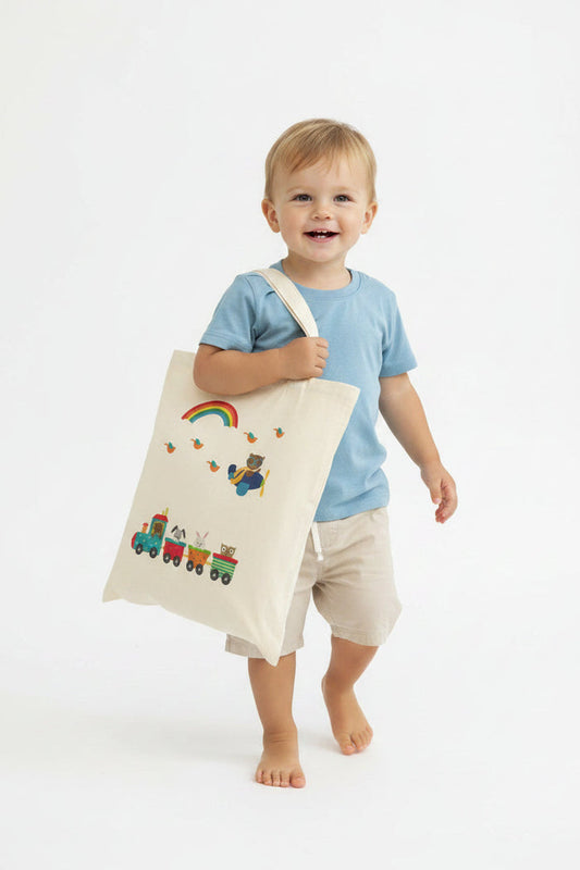 Kids Cotton Canvas Tote Bags Train Animals, Gender Neutral, Kids School Bag, Kids Tote Bag, Kids Toddler Tote Bags, Kids Cotton Bags, Kids Reusable Bags, Kids Shopper Bags, Kids Gifts, Made in USA | Pippa + June