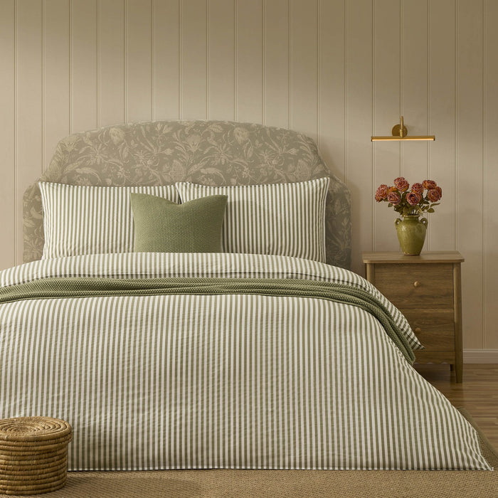 Washed Cotton Printed Stripe 200 Thread Count Duvet Cover & Pillowcase Set - Olive - DUSK