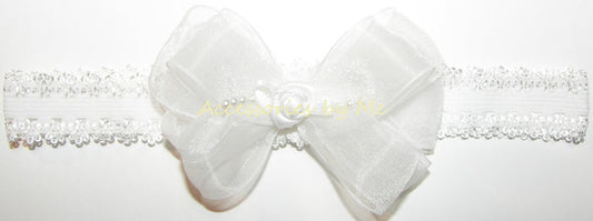 White Organza Rosette Pearls Lace Headband