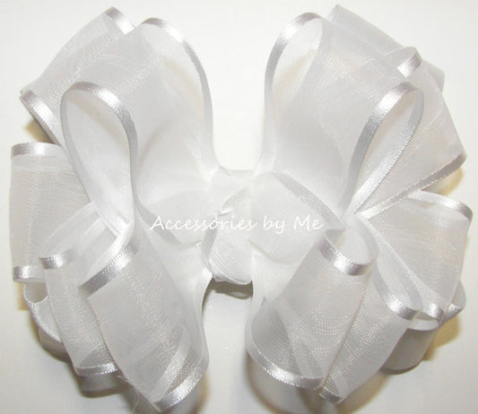 Fancy White Organza Satin Trim Hair Bow - Accessories by Me